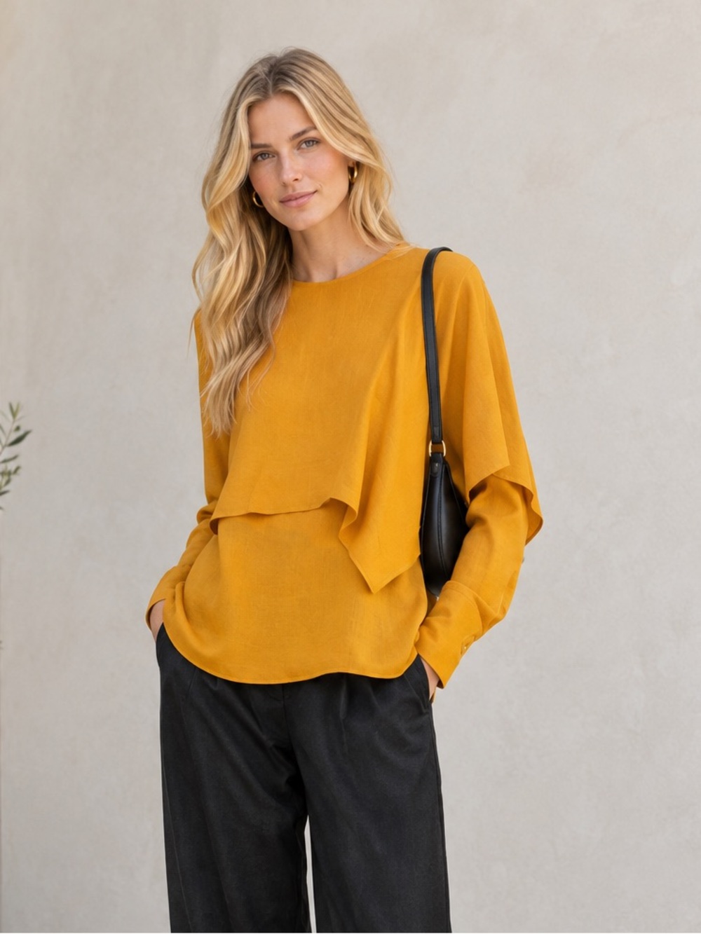 Zara Mustard Yellow Draped Long-Sleeve Blouse